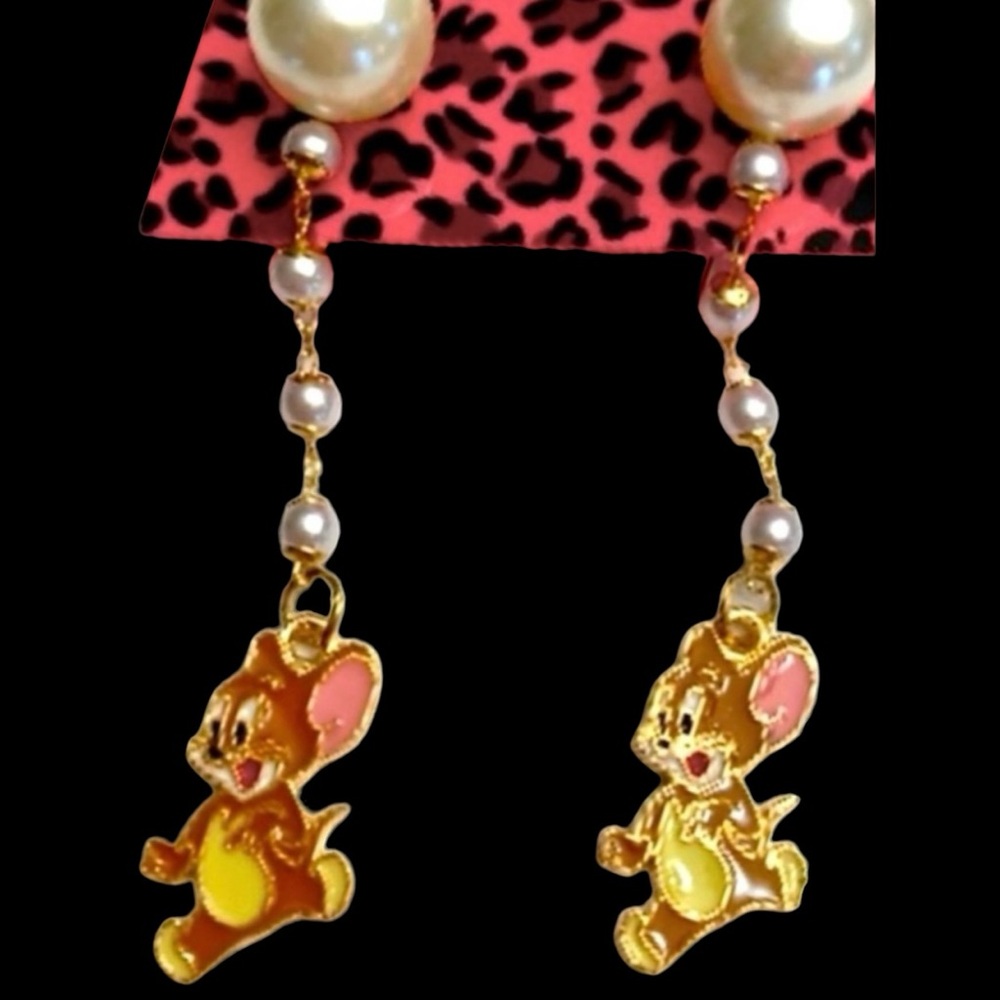 Jerry The Mouse Multi-Color Crystal, Enamel, Faux Pearl Earrings - Picture 3 of 3